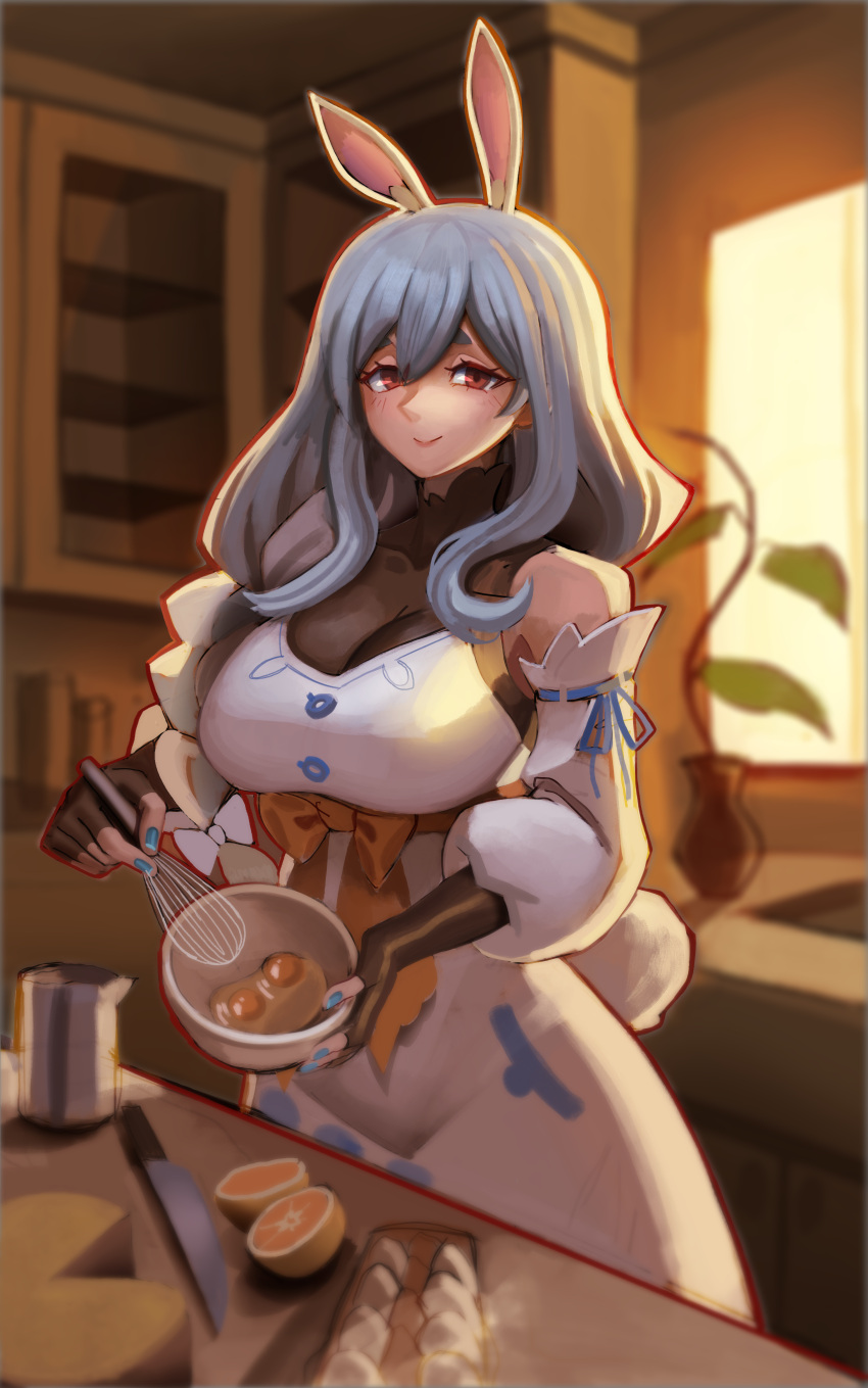 1girl absurdres animal_ears blue_hair blue_nails closed_mouth commentary detached_sleeves dress fingerless_gloves food fruit gloves highres hololive indoors kitchen knife long_hair looking_at_viewer nezo orange_(fruit) pekomama rabbit_ears rabbit_girl red_eyes sidelocks smile solo virtual_youtuber white_dress
