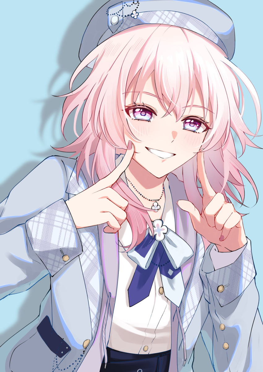 1girl blue_background blue_bow blue_bowtie blue_eyes blue_jacket blush bow bowtie collared_shirt drop_shadow fingernails grin hair_between_eyes hands_on_own_cheeks hands_on_own_face highres honkai:_star_rail honkai_(series) jacket jewelry layered_clothes long_sleeves march_7th_(honkai:_star_rail) medium_hair necklace non_565656 pendant pink_eyes pink_hair pink_nails purple_jacket shirt shirt_tucked_in smile solo two-tone_bowtie two-tone_eyes upper_body white_shirt