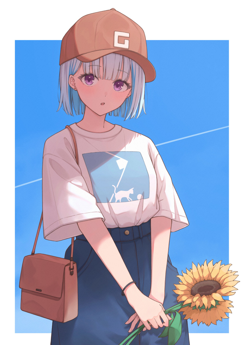 1girl absurdres bag baseball_cap blue_hair blue_pants border colored_inner_hair commentary_request cowboy_shot earrings ene_mizunoawa flower hat highres jewelry lize_helesta looking_at_viewer multicolored_hair nijisanji open_mouth outdoors pants red_hat revision shirt short_hair short_sleeves solo standing sunflower v_arms violet_eyes virtual_youtuber white_border white_hair white_shirt
