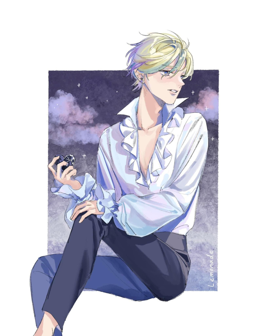 1boy black_pants blonde_hair clouds commentary_request earrings frilled_shirt frills heart highres holding holding_heart jewelry looking_to_the_side male_focus night night_sky pants pierre_tempete_de_neige realemonade shirt shirt_tucked_in sitting sky solo sugar_sugar_rune white_shirt