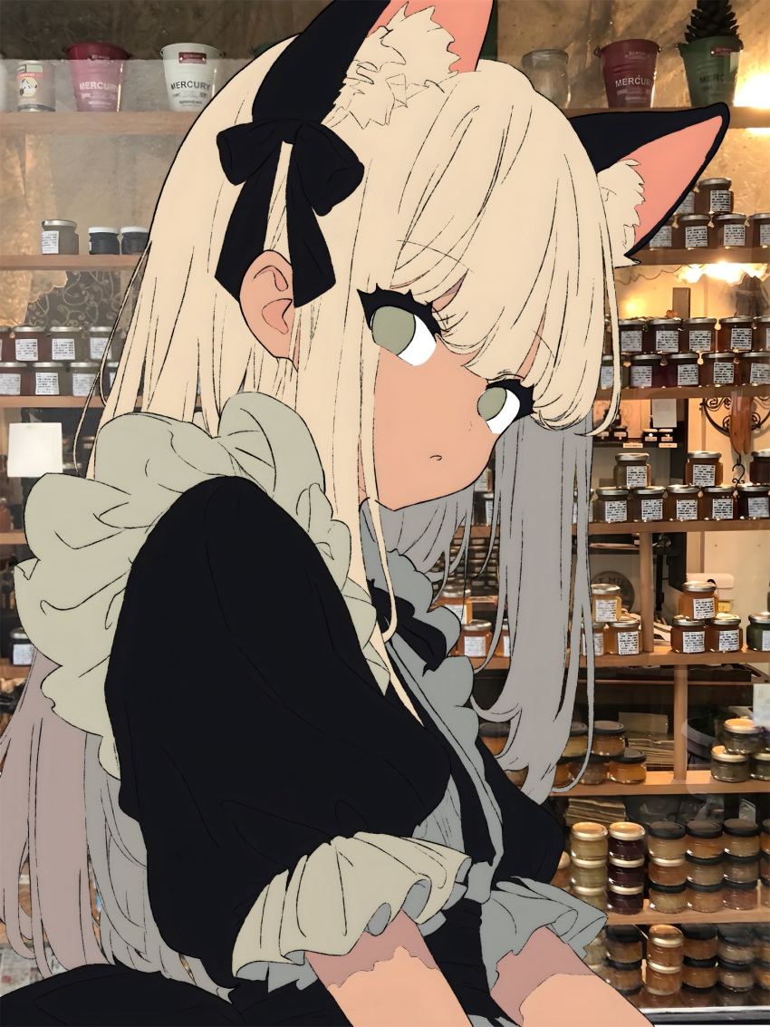 1girl animal_ears black_dress blonde_hair cat_ears dress expressionless green_eyes highres long_hair looking_at_viewer maid mochu_(aoishikabane) original parted_lips photo_background short_sleeves sidelocks solo tan upper_body