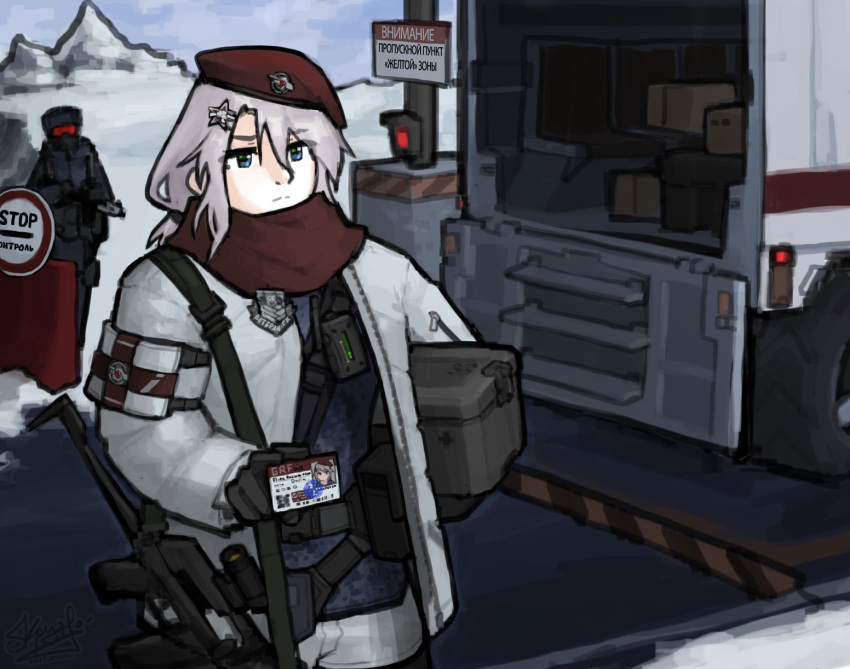 1boy 1girl 9a-91 9a-91_(girls'_frontline) alternate_costume assault_rifle beret blue_eyes box card codename:_bakery_girl english_commentary english_text girls_frontline gnom_na_korable grey_hair griffin_&amp;_kryuger gun gun_sling hair_ornament hat highres holding holding_box holding_card holding_gun holding_weapon id_card jacket motor_vehicle red_scarf reverse_collapse_(series) rifle russian_text scarf scope shorts sign star_(symbol) star_hair_ornament translated truck warning_sign weapon white_jacket white_shorts