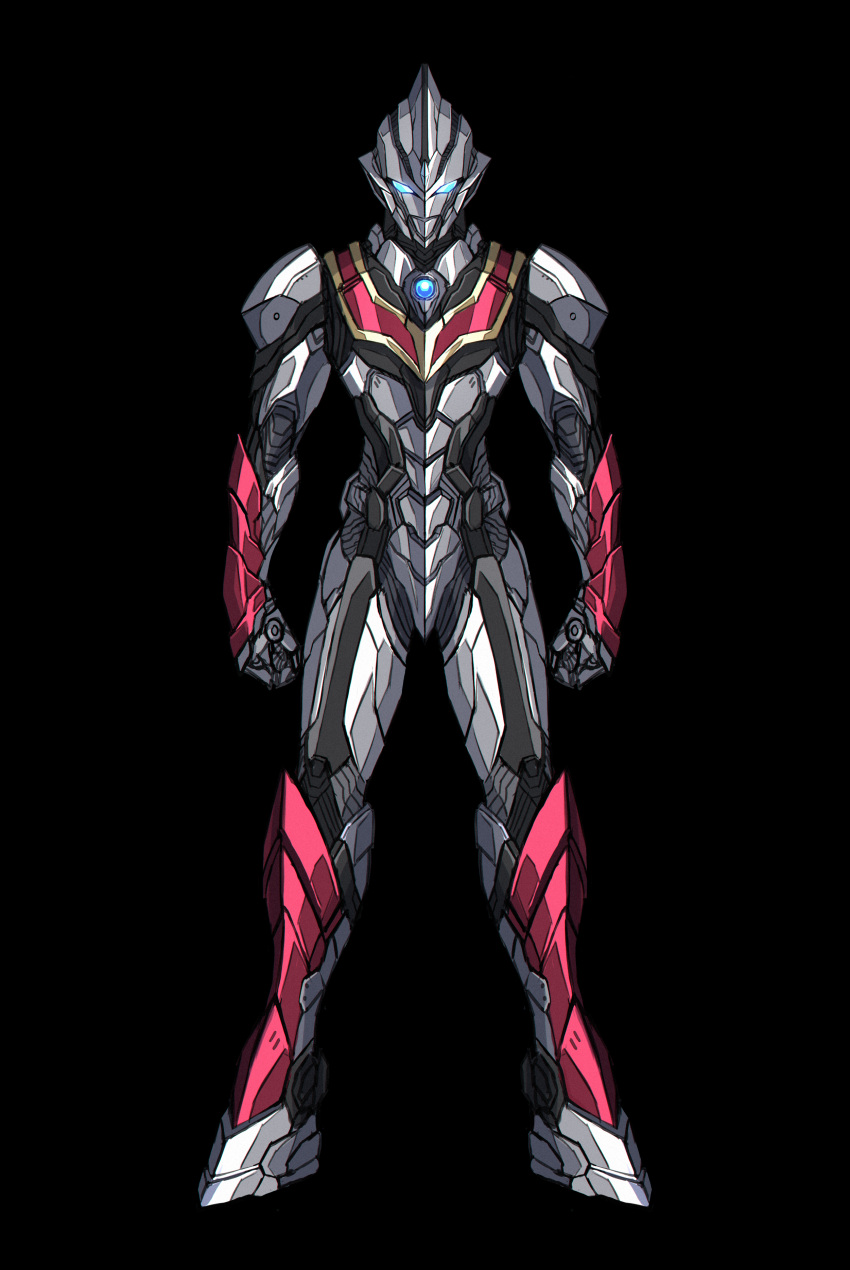 3ok absurdres alien alternate_universe armor armored_gloves black_background blue_eyes clenched_hands color_timer evil_tiga gauntlets gloves highres leg_armor looking_at_viewer male_focus red_armor silver_footwear standing tokusatsu ultra_series ultraman_(hero's_comics) ultraman_tiga_(series)