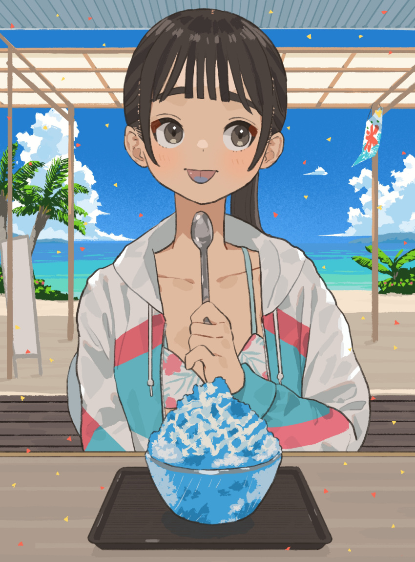 1girl beach bikini black_eyes black_hair bowl clouds cloudy_sky collarbone facing_viewer food highres holding holding_spoon jacket looking_to_the_side mashiro_ka ocean open_clothes open_jacket original palm_tree ponytail print_bikini shaved_ice sky solo spoon summer swimsuit swimsuit_under_clothes table tongue tongue_out track_jacket tray tree