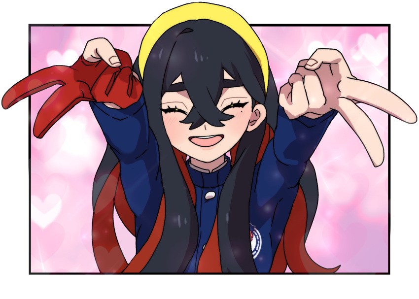 1girl :d arms_up blue_jacket blush border buttons carmine_(pokemon) closed_eyes commentary double_v eyelashes fu_(tk1189227dhy) gloves hairband happy heart highres jacket open_mouth partially_fingerless_gloves pink_background pokemon pokemon_sv red_gloves single_glove smile solo symbol-only_commentary teeth upper_body upper_teeth_only v white_border yellow_hairband