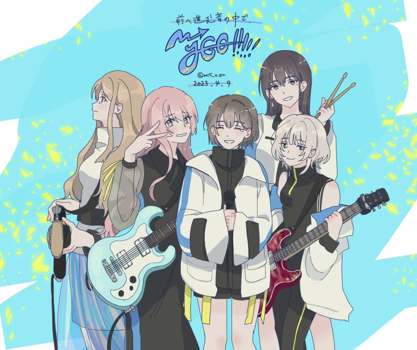 5girls 72_(mi5_o_en) bang_dream! bang_dream!_it's_mygo!!!!! black_dress black_jacket black_pants black_shirt black_shorts blue_skirt brown_hair chihaya_anon closed_eyes closed_mouth commentary_request crying dated dress electric_guitar grey_eyes guitar heterochromia highres holding holding_guitar holding_instrument instrument jacket kaname_raana long_hair long_sleeves mole mole_under_eye multiple_girls mygo!!!!!_(bang_dream!) nagasaki_soyo own_hands_together pants parted_lips pink_hair see-through see-through_skirt see-through_sleeves shiina_yuika shirt short_hair shorts skirt sleeveless sleeveless_shirt smile sweater takamatsu_tomori tears translation_request v violet_eyes white_hair white_jacket white_shirt white_sweater yellow_eyes