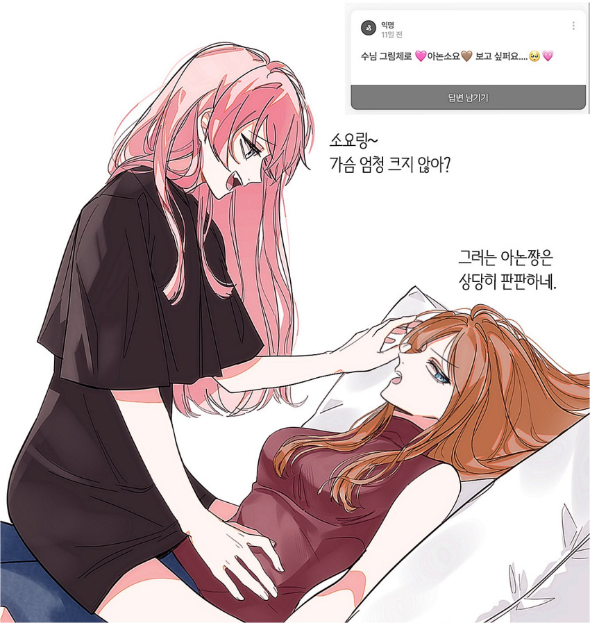 2girls averting_eyes bang_dream! bang_dream!_it's_mygo!!!!! black_dress blue_eyes breasts brown_hair chihaya_anon commentary_request dress fang grey_eyes highres korean_commentary korean_text long_hair looking_at_another lying medium_breasts multiple_girls nagasaki_soyo on_back open_mouth pink_hair red_shirt request_inset shirt short_sleeves simple_background sleeveless sleeveless_shirt sooyo211 straddling teeth translation_request turtleneck upper_teeth_only white_background yuri