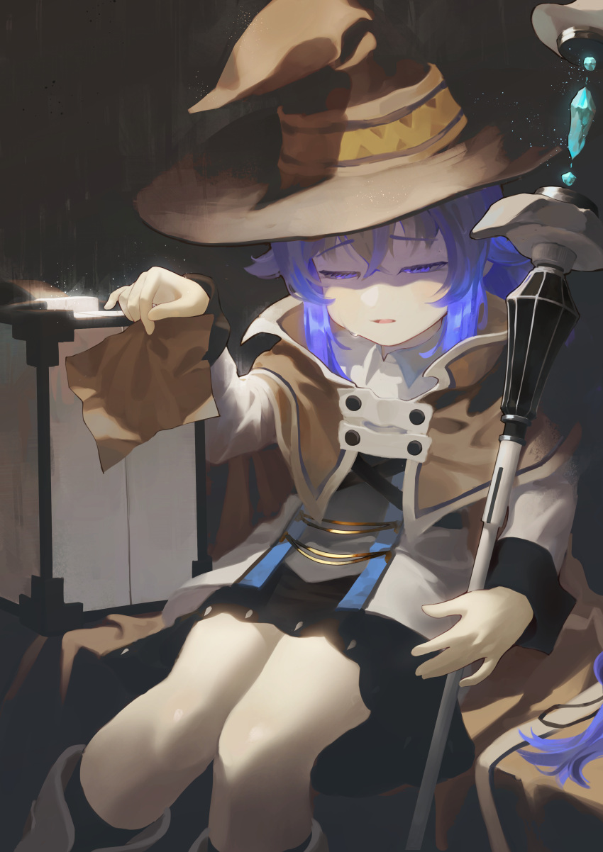 1girl absurdres black_hat blue_hair brown_cape brown_cloak cape cloak closed_eyes feet_out_of_frame hair_between_eyes hat highres holding holding_staff long_hair mage_staff mushoku_tensei roxy_migurdia sitting solo staff thighs wannatchears witch_hat