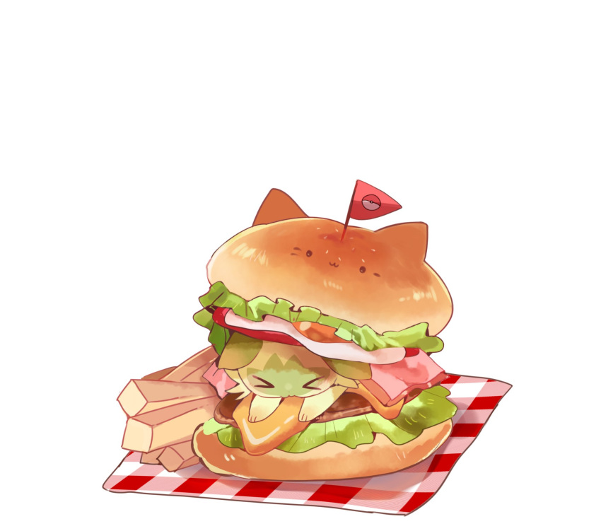 &gt;_&lt; animal_focus bacon cheese egg_(food) food food_focus french_fries highres in_food lettuce meat no_humans poke_ball_symbol pokemon pokemon_(creature) simple_background sprigatito tomato white_background yupo_0322