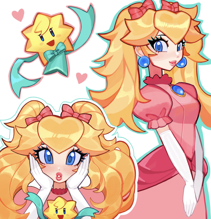 1girl blue_eyes bow breasts dress earrings elbow_gloves fizzeru gloves hair_bow hands_on_own_cheeks hands_on_own_face highres jewelry light_blush long_dress long_hair looking_at_viewer medium_breasts multiple_views parted_lips pink_bow pink_dress princess_peach princess_peach:_showtime! puffy_short_sleeves puffy_sleeves short_sleeves sidelocks stella_(peach) super_mario_bros. twintails upper_body v_arms white_background white_gloves
