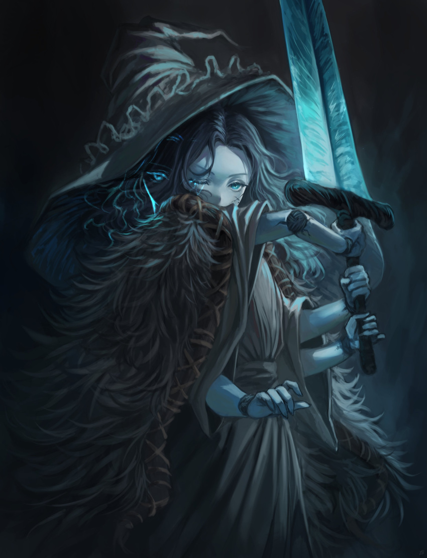 1girl absurdres alicetarrandalf black_hair blue_eyes blue_skin cloak colored_skin cracked_skin dress elden_ring english_commentary extra_arms extra_faces facial_tattoo fur_cloak highres joints large_hat moonlight_greatsword one_eye_closed ranni_the_witch solo tattoo wavy_hair white_dress wide_sleeves