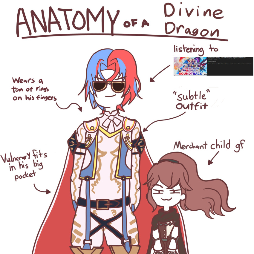 1boy 1girl :3 absurdres alear_(fire_emblem) alear_(male)_(fire_emblem) anatomy_of_a_gamer_(meme) anna_(fire_emblem) arms_behind_back blue_hair cape closed_mouth crossed_bangs dress english_commentary english_text enigmaticexalt fire_emblem fire_emblem_engage highres long_hair looking_at_viewer meme multicolored_hair ponytail red_cape redhead short_hair smile sunglasses two-tone_hair white_background