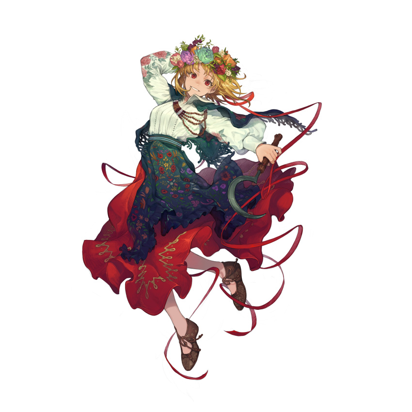 1girl 9twoeight absurdres arm_up blonde_hair brown_footwear flower full_body grin head_wreath highres holding_sickle long_sleeves original parted_lips red_eyes short_hair sickle simple_background smile solo teeth white_background