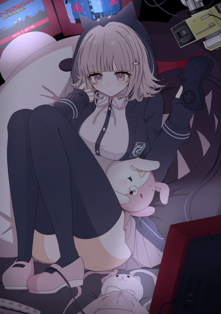 1girl animal_bag blush breasts brown_hair brown_skirt cat_bag chi_gu collared_shirt danganronpa_(series) danganronpa_2:_goodbye_despair flipped_hair galaga hair_ornament handheld_game_console highres hinata_hajime holding holding_handheld_game_console hood jacket komaeda_nagito large_breasts long_sleeves medium_hair monokuma monomi_(danganronpa) nanami_chiaki neck_ribbon open_clothes open_jacket pink_bag pink_eyes pink_ribbon pleated_skirt ribbon shirt skirt solo thigh-highs two-tone_shirt white_shirt