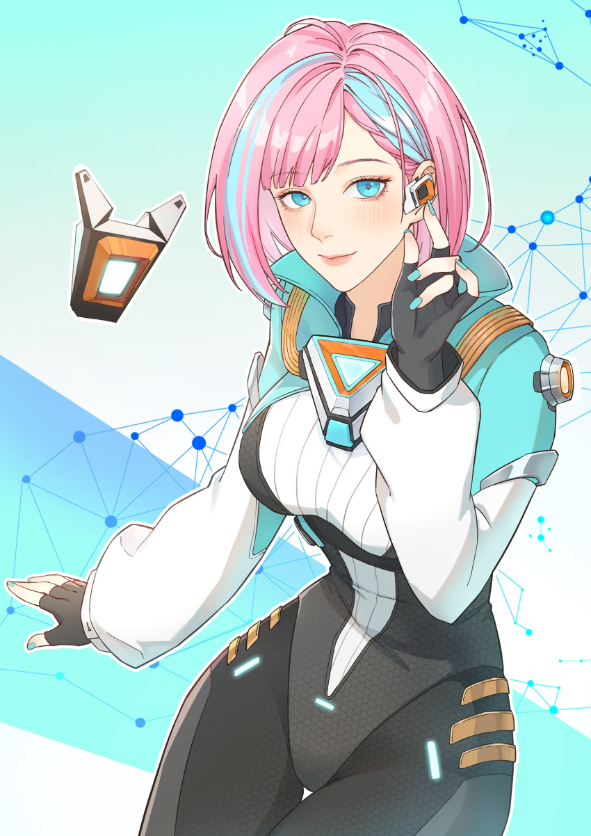 1girl absurdres black_gloves blue_eyes blue_hair blue_jacket blue_nails blush breasts chinese_commentary cropped_jacket earpiece fingerless_gloves gloves high_energy_heroes highres jacket long_sleeves looking_at_viewer mayfair_(high_energy_heroes) medium_breasts multicolored_hair open_hand pink_hair pink_lips santuwumeng short_hair smile solo streaked_hair