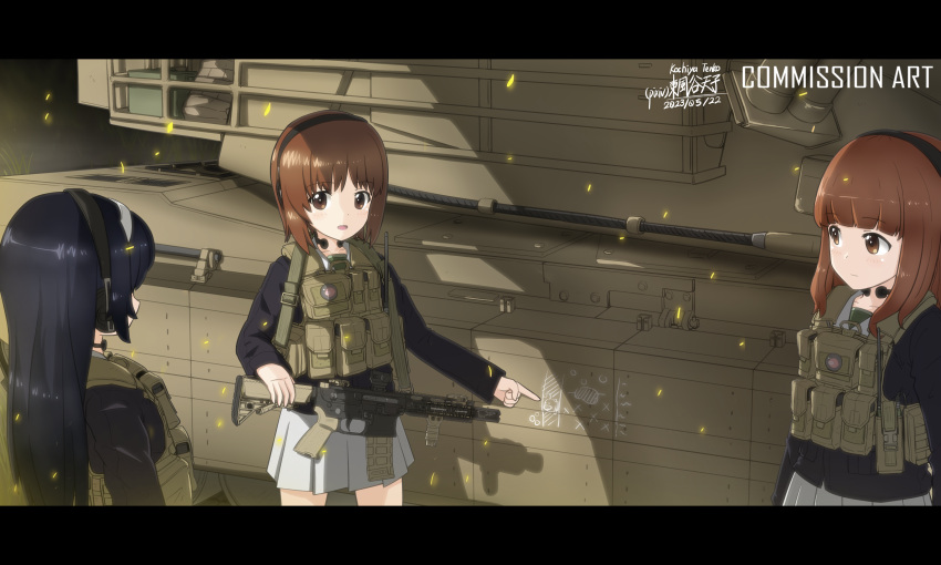 3girls absurdres anglerfish ar-15 artist_logo black_hair blue_jacket body_armor brown_eyes brown_hair chinese_commentary closed_mouth commentary_request commission dated emblem english_text fish girls_und_panzer gun hairband headphones highres holding holding_gun holding_weapon jacket kochiya_tenko letterboxed light_frown long_hair long_sleeves looking_at_another military_uniform military_vehicle miniskirt mixed-language_commentary motor_vehicle multiple_girls nishizumi_miho ooarai_military_uniform open_mouth orange_eyes orange_hair partial_commentary pointing reizei_mako rifle short_hair signature skirt smile standing tactical_clothes takebe_saori tank throat_microphone uniform weapon white_hairband white_skirt