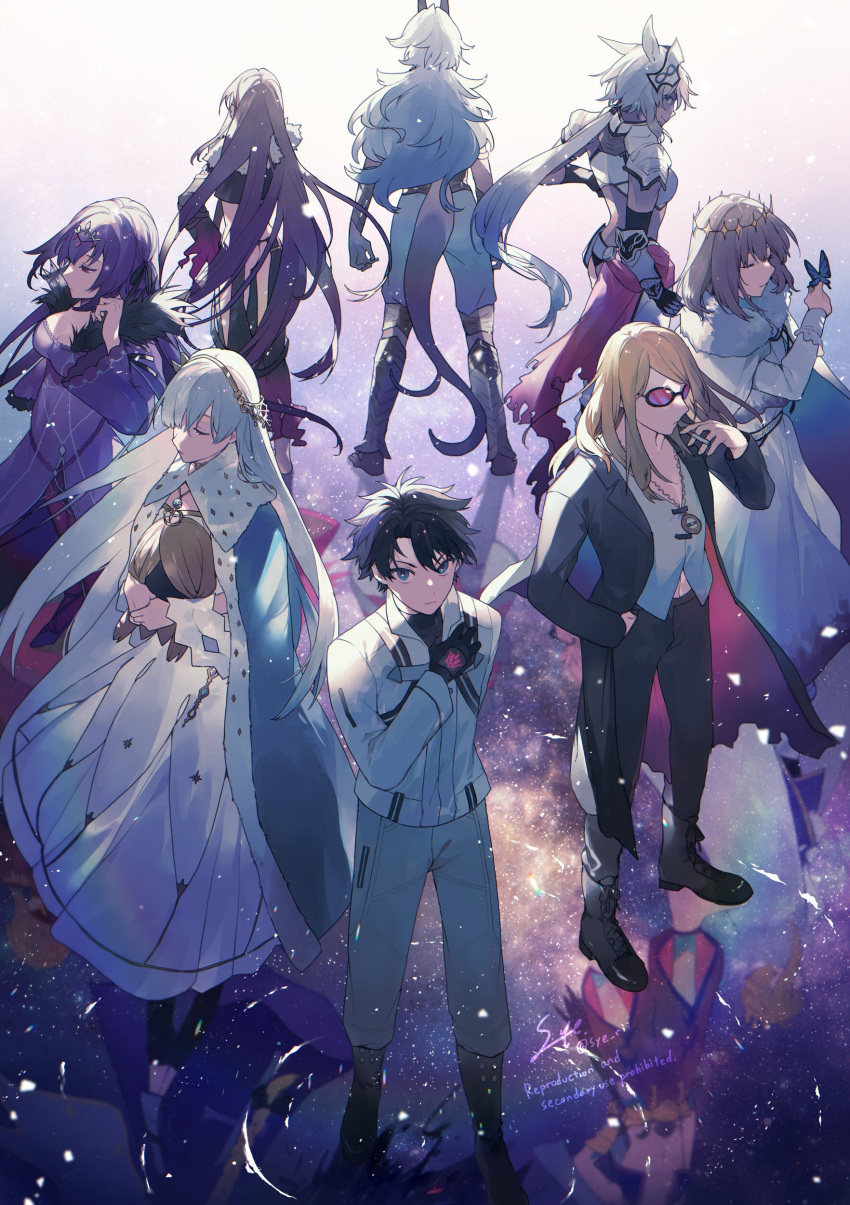 4boys 4girls absurdres anastasia_(fate) arabian_clothes arjuna_(fate) arjuna_alter_(fate) armor artoria_pendragon_(fate) artoria_pendragon_(lancer)_(fate) black_dress black_gloves black_hair black_ribbon black_thighhighs blonde_hair blue_cloak braid braided_bun bug butterfly caenis_(fate) cape cigarette cloak closed_eyes coat command_spell cropped_vest crown cutoffs dark-skinned_female dark-skinned_male dark_skin diamond_hairband different_reflection doll dress edmond_dantes_(fate) fate/grand_order fate_(series) faulds feather_trim florence_nightingale_(fate) francis_drake_(fate) from_behind fujimaru_ritsuka_(male) fujimaru_ritsuka_(male)_(decisive_battle_chaldea_uniform) fur-trimmed_cape fur-trimmed_cloak fur-trimmed_dress fur_trim gauntlets gilgamesh_(caster)_(fate) gilgamesh_(fate) gloves hair_bun hair_ribbon hairband headpiece highres holding holding_cigarette holding_doll horns insect_on_finger jacket jeanne_d'arc_(fate) jewelry long_braid long_hair long_sleeves mordred_(fate) multiple_boys multiple_girls nero_claudius_(fate) oberon_(fate) pendant pink_hair ponytail_holder purple_dress purple_hair red_dress red_eyes reflection reflective_water ribbon robe royal_robe scathach_(fate) scathach_skadi_(fate) shoulder_plates single_braid sunglasses syerii tail tezcatlipoca_(fate) thigh-highs tiara tinted_eyewear trench_coat very_long_hair vest viy_(fate) white_cloak white_dress white_hair white_jacket yellow_hairband yu_mei-ren_(fate)