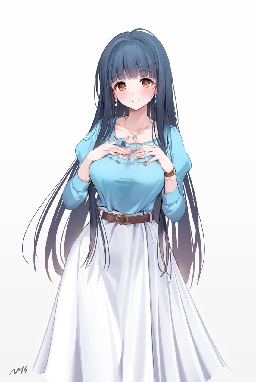 1girl ahoge aqua_eyes belt_buckle blush breasts buckle collarbone commentary_request earrings fingernails hands_on_own_chest highres idolmaster idolmaster_million_live! jewelry kitakami_reika large_breasts long_hair looking_at_viewer necklace nys shirt_tucked_in signature simple_background skirt smile solo straight_hair very_long_hair watch watch white_background white_skirt