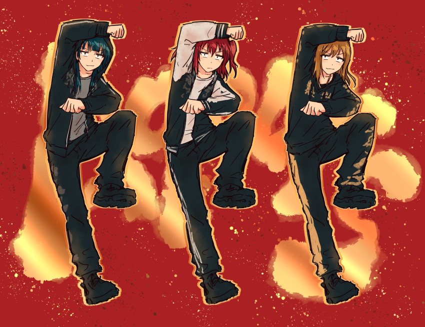 3girls bad_id bad_twitter_id black_footwear black_hoodie black_jacket black_pants blue_hair brown_hair bullfalk commentary dark_blue_hair english_commentary grey_shirt highres hood hood_down hood_up hooded_jacket hoodie jacket kunikida_hanamaru kurosawa_ruby leg_up light_frown light_particles long_hair long_sleeves looking_at_viewer love_live! love_live!_sunshine!! multiple_girls open_clothes open_jacket pants red_background redhead sanpaku shirt shoes sidelocks smirk sneakers text_background translation_request tsushima_yoshiko two_side_up v-shaped_eyebrows white_shirt white_sleeves