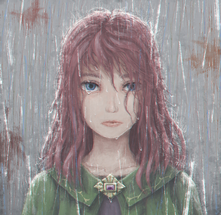 1girl absurdres artist_request blue_eyes crying crying_with_eyes_open highres looking_at_viewer medium_hair rain redhead rpg_maker solo tagme tears water_drop