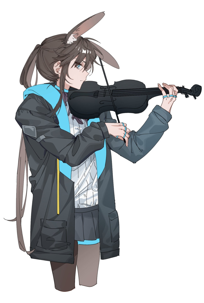 1girl amiya_(arknights) animal_ears arknights black_jacket black_pantyhose black_skirt bow_(music) brown_hair chinese_commentary closed_mouth commentary_request cowboy_shot expressionless highres holding holding_bow_(music) holding_instrument holding_violin hood hooded_jacket instrument jacket jewelry long_hair long_sleeves molu_stranger multiple_rings music pantyhose playing_instrument pleated_skirt profile rabbit_ears ring shirt simple_background skirt solo thigh_strap violin white_background white_shirt