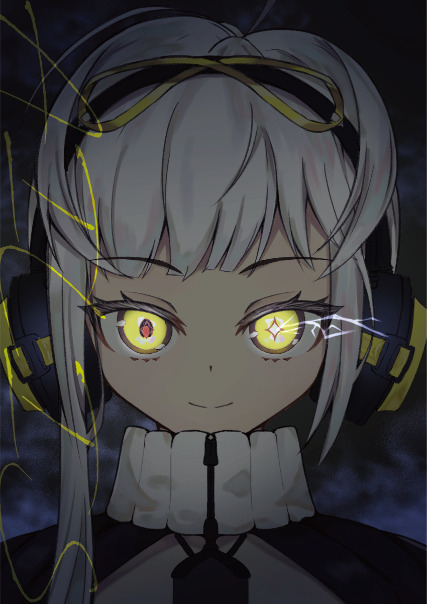 1girl absurdres ahoge ailis_(anilive) akaten_(akaten_37) closed_mouth commentary dot_nose eyelashes glowing glowing_eyes goggles goggles_on_head hashtag-only_commentary headphones highres izumo_lab looking_at_viewer smile solo white_hair yellow_eyes zipper_pull_tab