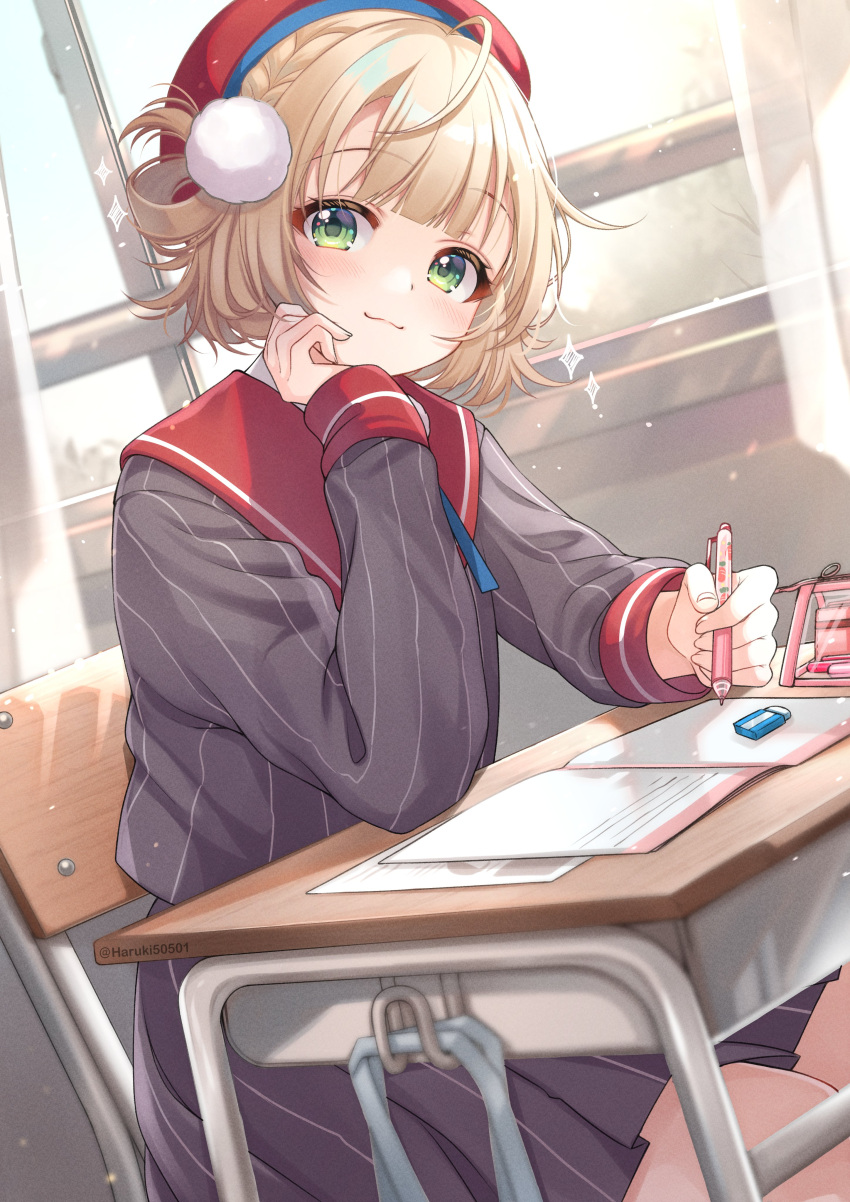 1girl absurdres ahoge beret blonde_hair blunt_bangs blurry braid chair classroom commentary_request depth_of_field desk eraser green_eyes grey_jacket grey_skirt hair_ornament hair_rings hand_up haruki_(colorful_macaron) hat head_rest highres holding holding_pen indie_virtual_youtuber indoors jacket looking_at_viewer notebook on_chair pen pinstripe_jacket pinstripe_pattern pinstripe_skirt pom_pom_(clothes) pom_pom_hair_ornament red_hat red_sailor_collar sailor_collar school_chair school_desk shigure_ui_(vtuber) shigure_ui_(vtuber)_(1st_costume) short_hair sitting skirt smile solo striped_clothes striped_jacket striped_skirt twitter_username vertical-striped_clothes vertical-striped_jacket vertical-striped_skirt virtual_youtuber window
