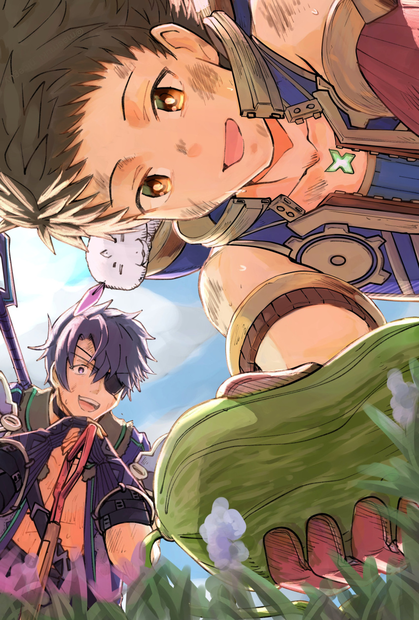 2boys absurdres blue_sky brown_hair commentary_request day eyepatch fingerless_gloves gloves highres maemuki_niceguy male_focus multiple_boys open_mouth outdoors rex_(xenoblade) short_hair sky smile teeth upper_body xenoblade_chronicles_(series) xenoblade_chronicles_2 yellow_eyes