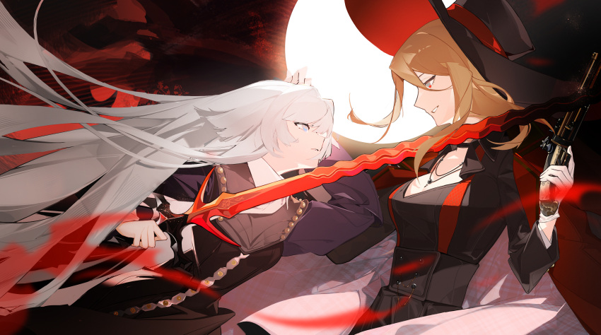 2girls absurdres black_dress black_hat blonde_hair blue_eyes dark_background dikke_(reverse:1999) dress eye_contact face-to-face fighting flamberge floating_hair from_side full_moon grin gun hand_up handgun hands_up highres holding holding_gun holding_sword holding_weapon huge_moon jacket jacket_on_shoulders jewelry long_hair looking_at_another lumos medium_hair moon multiple_girls necklace profile red_eyes red_jacket reverse:1999 smile sword tennant_(reverse:1999) upper_body very_long_hair weapon white_hair