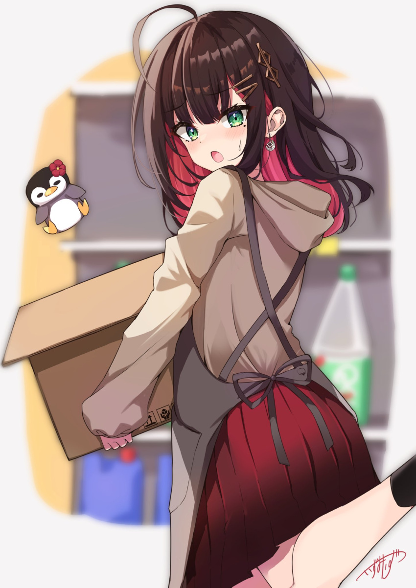 1girl :o apron black_socks box brown_hair brown_hoodie cardboard_box carrying colored_inner_hair criss-cross_back-straps earrings foot_out_of_frame foot_up from_side gradient_skirt green_eyes grey_apron hair_between_eyes hair_ornament hairclip hairpin highres hizuki_yui holding holding_box hood hood_down hoodie izumi_izu jewelry long_hair long_sleeves looking_at_viewer miniskirt multicolored_hair neo-porte open_mouth pleated_skirt red_skirt redhead signature skirt socks solo standing sweatdrop virtual_youtuber