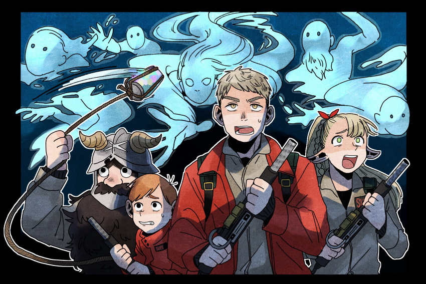 1girl 3boys black_eyes brown_hair chilchuck_tims clenched_teeth dobu_dive dungeon_meshi facial_hair fake_horns ghost ghostbusters green_eyes hair_ribbon helmet highres holding holding_ghostbuster holding_weapon horned_helmet horns jacket laios_touden long_sleeves marcille_donato multiple_boys mustache open_mouth pointy_ears ponytail proton_pack red_jacket red_ribbon ribbon rope senshi_(dungeon_meshi) sweat teeth weapon