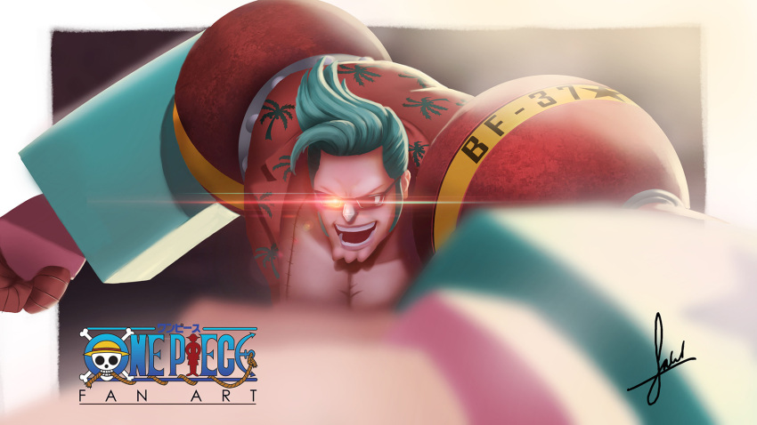 1boy blue_hair clenched_hands commentary english_commentary english_text fadhilmostain franky_(one_piece) highres logo long_sideburns male_focus one_piece open_mouth short_hair sideburns signature skull_and_crossbones smile solo spiky_hair sunglasses teeth