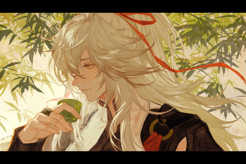 1boy blonde_hair calendulamew chinese_commentary choko_(cup) commentary_request cup day from_side hair_between_eyes hair_intakes hair_ribbon hand_up highres holding holding_cup honkai:_star_rail honkai_(series) jing_yuan leaf letterboxed long_hair looking_ahead male_focus mandarin_collar o-ring portrait profile red_ribbon ribbon smile solo yellow_eyes