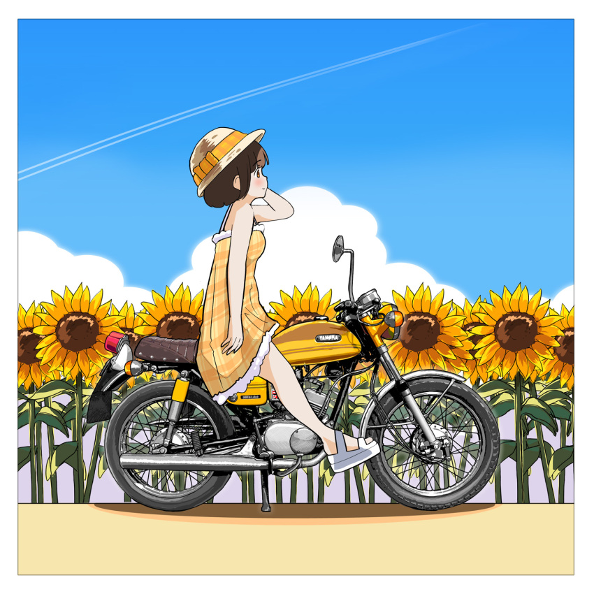 1girl bicycle camisole clouds cloudy_sky day field flower flower_field from_side hand_on_own_head hat hat_ribbon highres original outdoors ribbon sandals short_hair sitting sky solo sunflower sunflower_field vehicle_focus wakamizu white_footwear white_hat yellow_camisole yellow_ribbon