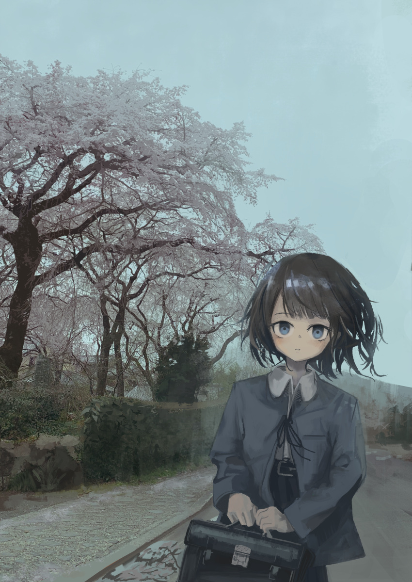 1girl absurdres bag black_hair black_ribbon black_skirt blue_eyes blue_jacket blue_sky blush briefcase brown_hair cherry_blossoms closed_mouth collared_shirt day eliot_(eokaitekaite969) expressionless highres holding holding_bag jacket long_sleeves looking_at_viewer neck_ribbon original outdoors overcast path photo_background pleated_skirt ribbon scenery school_bag school_uniform shirt short_hair skirt sky solo tree white_shirt