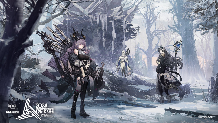 3girls ambience_synesthesia animal_ears arknights black_hair bow bow_(weapon) cane grey_hair highres holding holding_bow_(weapon) holding_cane holding_weapon horns long_hair multiple_girls official_art purple_hair santalla_(arknights) snowing tail typhon_(arknights) valarqvin_(arknights) violet_eyes weapon