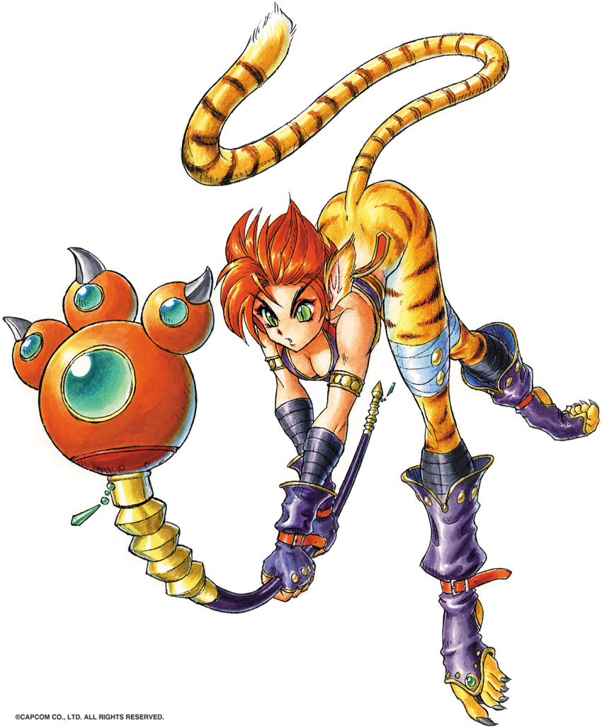 1990s_(style) 1girl animal_ears armlet bandaged_leg bandages breasts breath_of_fire breath_of_fire_ii bustier capcom cat_ears cat_tail closed_mouth copyright_notice gloves green_eyes highres holding no_pants non-web_source official_art pointy_ears redhead retro_artstyle rinpoo_chuan short_hair simple_background slit_pupils solo staff tail tiger_stripes tiger_tail toeless_footwear traditional_media two-handed