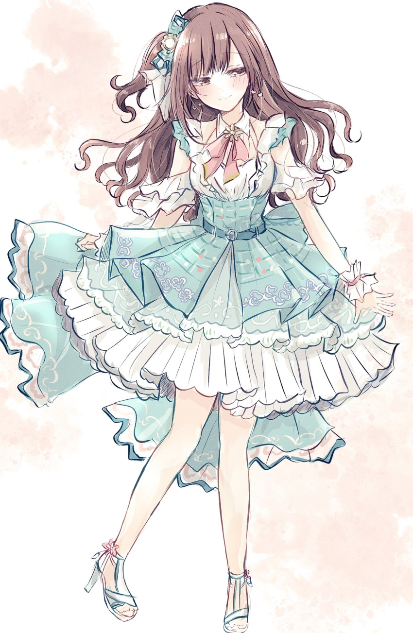 1girl aqua_bow aqua_dress baran._(ba_ra_ran) belt blush bow brown_eyes brown_hair collared_dress commentary_request dress earrings frilled_cuffs frilled_dress frills full_body hair_bow heart heart_earrings high_heels highres idolmaster idolmaster_cinderella_girls igarashi_kyoko jewelry long_hair looking_to_the_side multicolored_clothes multicolored_dress neck_ribbon one_side_up orange_background pink_ribbon ribbon side_ponytail sideways_glance sleeveless sleeveless_dress solo standing swept_bangs two-tone_background watercolor_background wavy_hair white_background white_dress white_wrist_cuffs wrist_cuffs