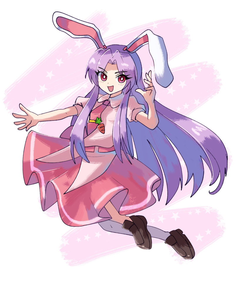 1girl animal_ears brown_footwear carrot collared_shirt highres loafers long_hair necktie open_mouth pink_necktie pink_skirt plus2sf puffy_short_sleeves puffy_sleeves purple_hair rabbit_ears rabbit_girl red_eyes reisen_udongein_inaba shirt shoes short_sleeves sidelocks simple_background single_thighhigh skirt socks solo thigh-highs touhou very_long_hair white_background white_shirt white_socks