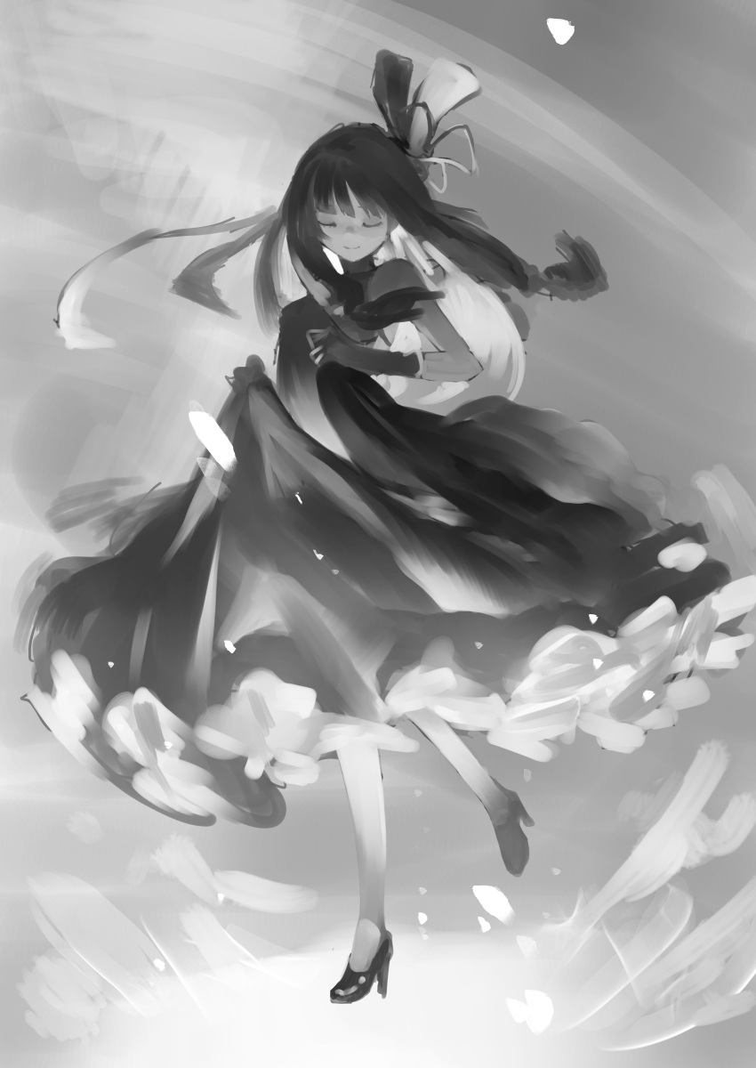 1girl abstract_background absurdres alternate_costume breasts closed_eyes closed_mouth dancing dress facing_viewer floating_hair frilled_dress frills gloves greyscale hair_ribbon high_heels highres kotonoha_akane long_dress long_hair low-tied_sidelocks medium_breasts monochrome no_lineart ribbon skirt_hold sleeveless sleeveless_dress smile solo standing standing_on_one_leg toriatamastudio voiceroid