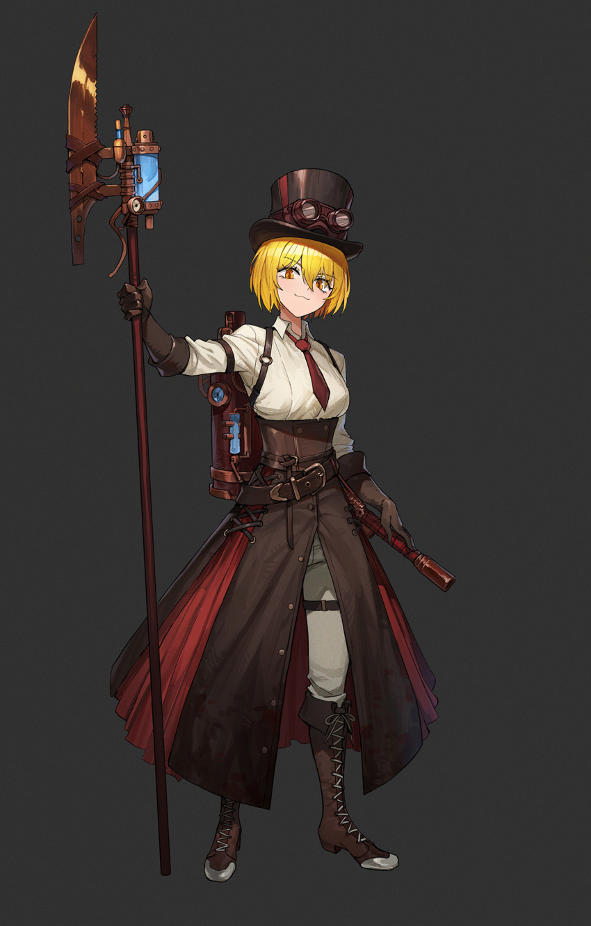 1girl blonde_hair boots brown_footwear brown_gloves brown_hat brown_overskirt collared_shirt commentary don_quixote_(project_moon) elbow_gloves full_body gloves goggles goggles_on_headwear grey_background hat highres holding holding_staff jason_kim looking_at_viewer necktie overskirt pants project_moon red_eyes red_necktie shirt short_hair simple_background smile solo staff standing steampunk top_hat white_pants white_shirt
