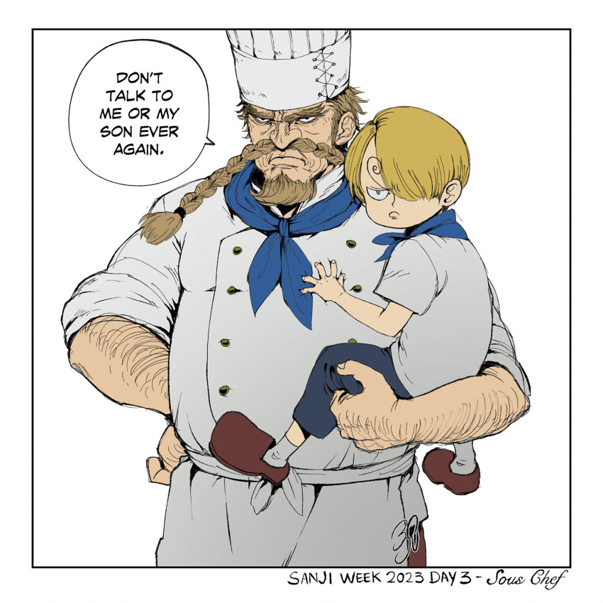 2boys belly blue_sailor_collar carrying chef chef_hat child_carry cowboy_shot curly_eyebrows deadjuice english_text facial_hair father_and_son frown goatee hair_over_one_eye hat highres long_mustache looking_ahead male_focus multiple_boys old old_man one_armed_carry one_piece red-leg_zeff sailor_collar sanji_(one_piece) speech_bubble standing thick_arm_hair wrinkled_skin
