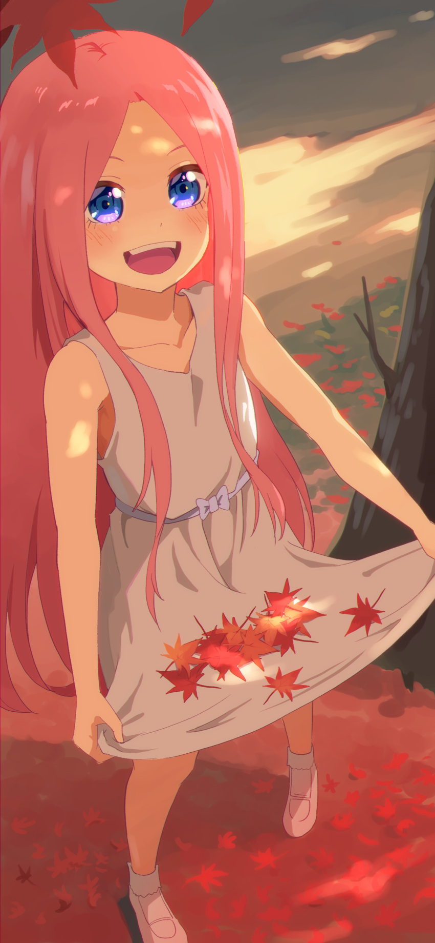 1girl :d absurdres aged_down autumn autumn_leaves bare_arms blue_eyes blush bow child collarbone commentary dappled_sunlight day dress dress_bow eyebrows_hidden_by_hair eyelashes foreshortening full_body go-toubun_no_hanayome happy highres leaf long_hair looking_at_viewer maple_leaf mary_janes nakano_yotsuba open_mouth outdoors parted_bangs pink_hair purple_bow shoes sidelocks skirt_hold sleeveless sleeveless_dress smile socks solo sundress sunlight teeth upper_teeth_only very_long_hair white_dress white_footwear white_socks yasuba_yuichi