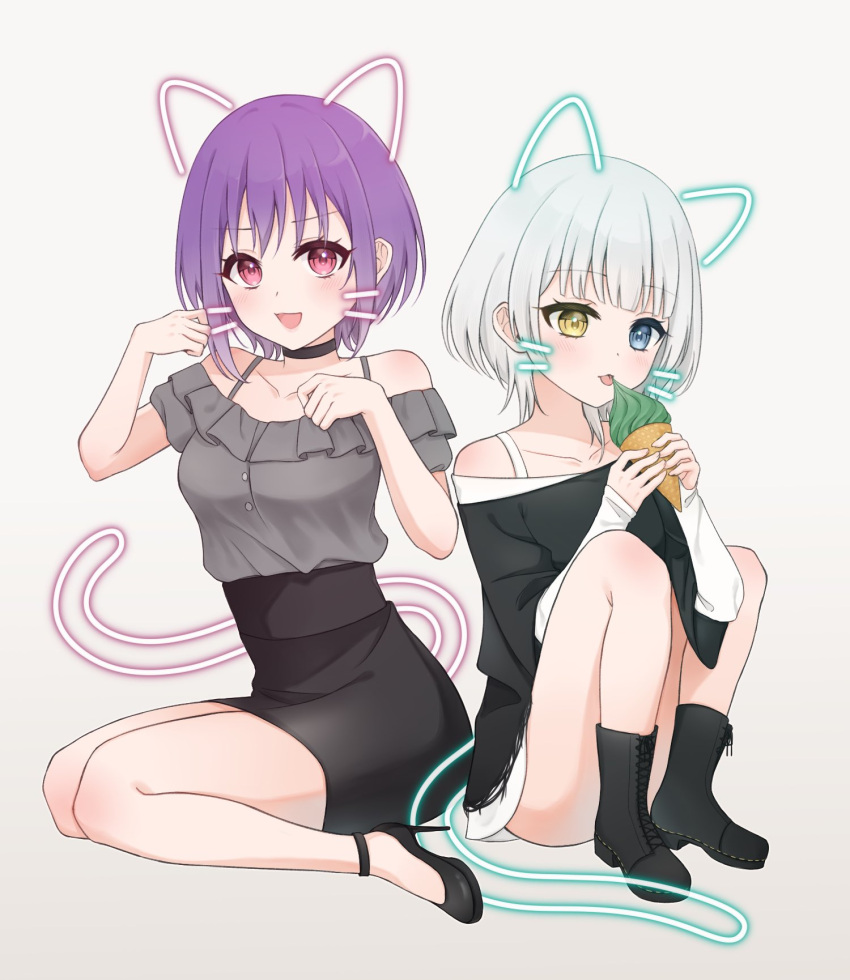 2girls bang_dream! bang_dream!_it's_mygo!!!!! black_footwear black_shirt black_skirt blue_eyes boots commentary_request drawn_ears drawn_tail drawn_whiskers food full_body grey_background grey_shirt heterochromia high_heels highres holding holding_food holding_ice_cream ice_cream ice_cream_cone kaname_raana looking_at_viewer medium_hair multiple_girls off-shoulder_shirt off_shoulder open_mouth pencil_skirt pink_eyes purple_hair shirt shirt_tucked_in short_hair simple_background sitting skirt smile tongue tongue_out white_hair yellow_eyes yuutenji_nyamu zizoumiao