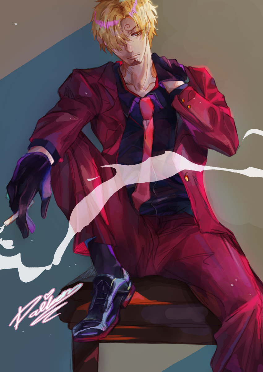 1boy absurdres black_footwear black_gloves black_shirt blonde_hair burgundy_jacket burgundy_pants cigarette closed_mouth commentary_request curly_eyebrows daikon_illustrations facial_hair gloves goatee hand_on_own_shoulder highres long_sleeves male_focus mustache necktie on_chair one_piece pants red_necktie sanji_(one_piece) shirt short_hair sitting smoke solo suit