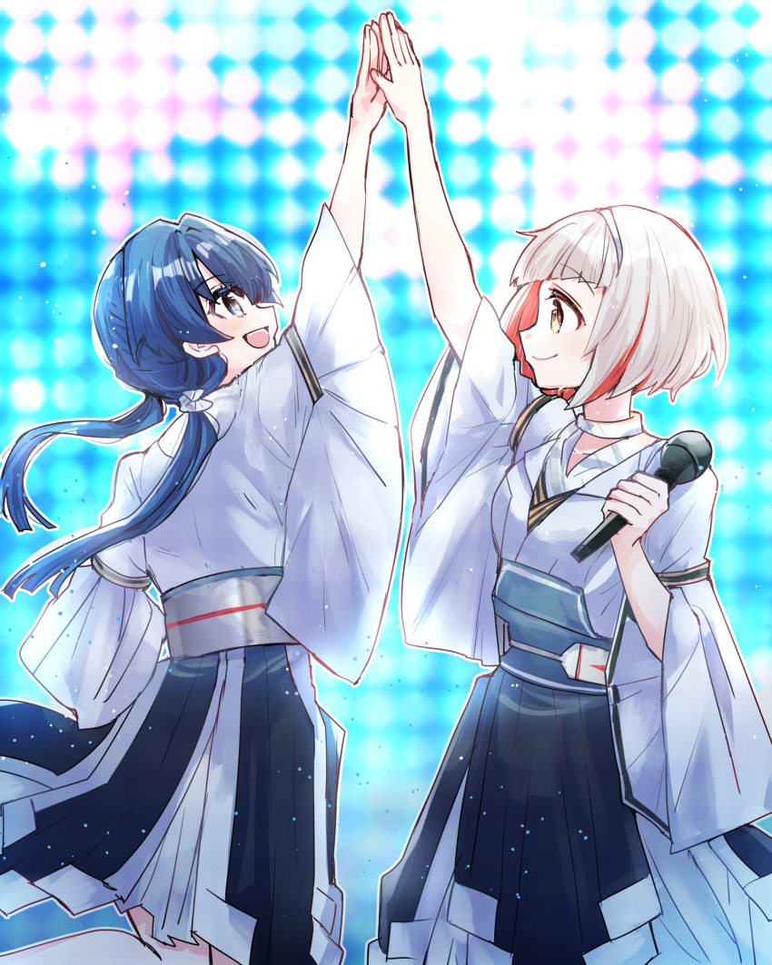 2girls arms_up black_skirt blue_background blue_eyes blue_hair blurry blurry_background bob_cut closed_mouth colored_inner_hair commentary dark_blue_hair diagonal_bangs dollchestra grey_hair hairband high_five highres holding holding_microphone inverted_bob kanduki_kamibukuro light_particles link!_like!_love_live! long_hair looking_at_another looking_up love_live! low_twintails microphone mirage_voyage_(love_live!) multicolored_hair multiple_girls murano_sayaka official_alternate_costume open_mouth outline profile redhead shirt short_hair skirt sleeves_past_elbows smile streaked_hair sweat twintails virtual_youtuber white_hairband white_outline white_shirt yellow_eyes yugiri_tsuzuri