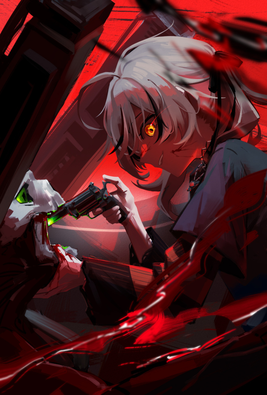 1girl 1other ahoge black_ribbon black_shirt black_sweater blood blood_on_face blood_splatter blurry brown_hair chain_necklace demon depth_of_field doom_(2016) doom_(series) emo_fashion glowing glowing_eyes green_eyes gun gun_in_mouth hair_ribbon highres hololive hololive_english jewelry multicolored_hair nanashi_mumei nanashi_mumei_(emo) necklace official_alternate_costume onecolo133 red_background red_sweater revenant_(doom) revolver ribbon shirt shoulder_cannon smile streaked_hair striped_clothes striped_sweater sweater sweater_under_shirt t-shirt teeth torn_clothes torn_sweater twintails two-tone_sweater upper_teeth_only virtual_youtuber weapon yellow_eyes