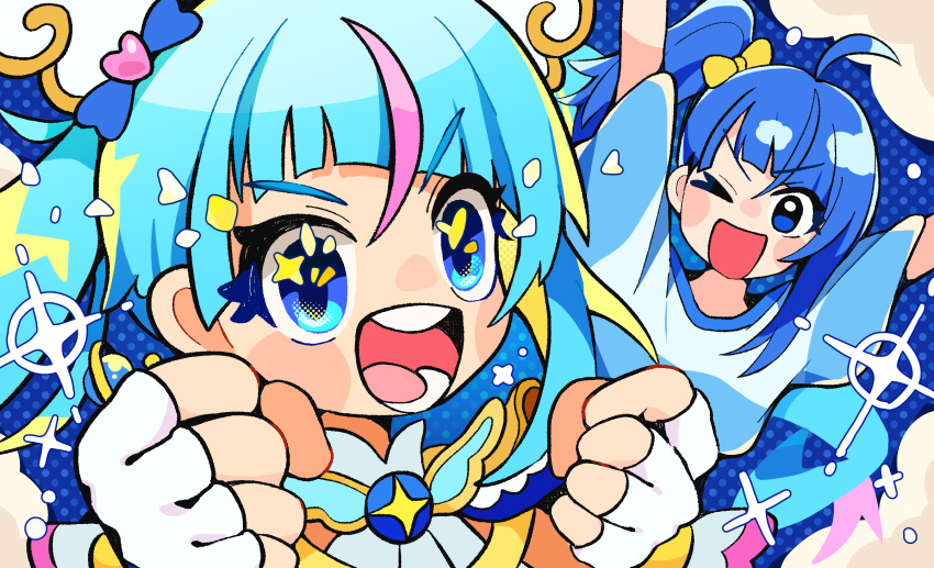 2girls ahoge arms_up behind_another blonde_hair blue_background blue_hair blue_shirt blunt_bangs blush bow brooch clenched_hands clouds colored_inner_hair cure_sky dual_persona fingerless_gloves gloves hair_bow hands_up highres hirogaru_sky!_precure jewelry long_hair looking_at_viewer multicolored_hair multiple_girls open_mouth pink_hair polka_dot polka_dot_background precure shirt short_sleeves side_ponytail single_sidelock smile sora_harewataru sparkle sparkling_eyes streaked_hair striped_clothes striped_shirt taoru_(towtowru) twintails upper_body white_gloves yellow_bow