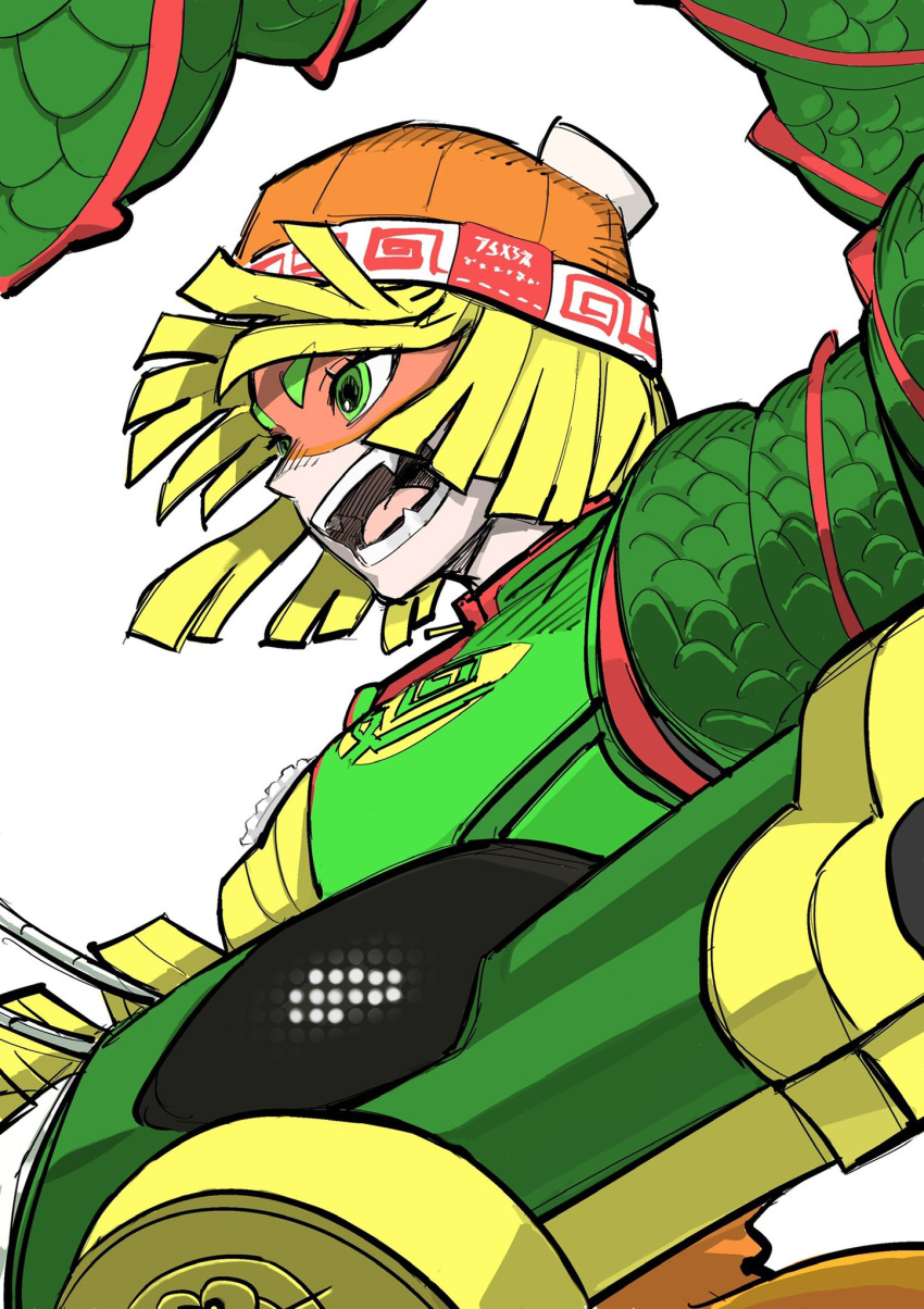 1girl arms_(game) beanie blonde_hair blunt_bangs bob_cut domino_mask dragon_(arms) fakaisoko94 fangs green_eyes hat highres mask min_min_(arms) open_mouth orange_hat ringed_eyes short_eyebrows short_hair sketch solo three
