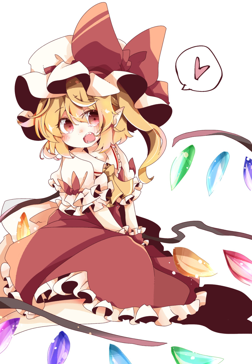 1girl absurdres ascot blonde_hair blush bow commentary crystal dress flandre_scarlet hat hat_bow heart highres looking_at_viewer medium_hair mob_cap one_side_up open_mouth pointy_ears red_bow red_dress red_eyes simple_background solo spoken_heart symbol-only_commentary touhou tsumurikoto white_background white_hat wings wrist_cuffs yellow_ascot